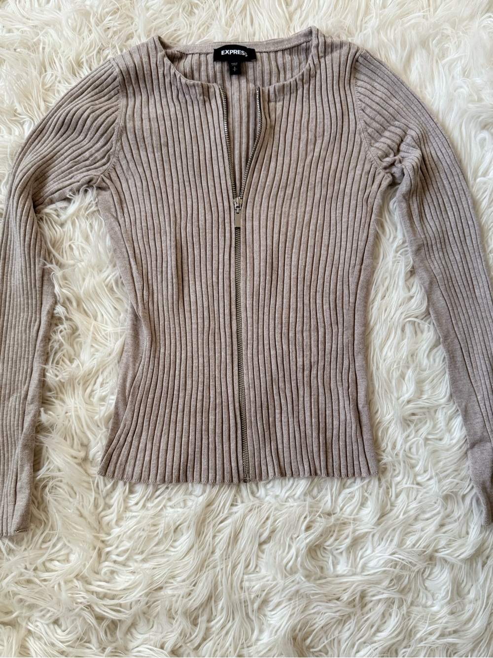 Express Zip-Front Ribbed Sweater - Taupe - Picture 2 of 5